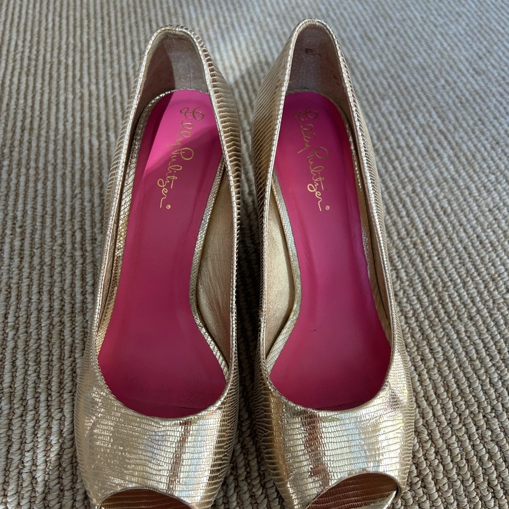 Lily Pulitzer Peep Toe Gold Heels